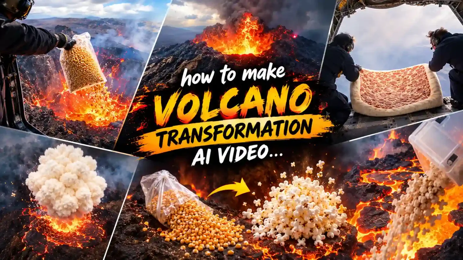 A cinematic collage of helicopter scenes, glowing lava, popcorn erupting from a volcano, and ingredients transforming over molten rock, with the title “How to Make Volcano Transformation AI Video.