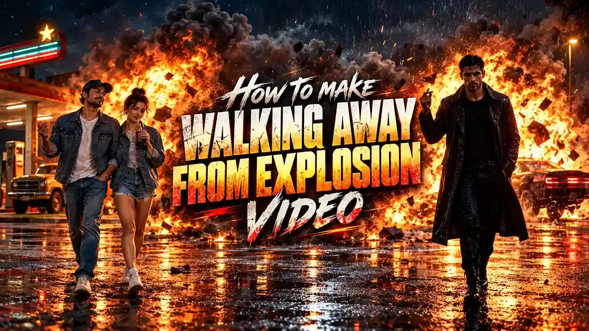 walking away from an explosion video banner with a couple and a man in a black coat walking away from a car blast at night.