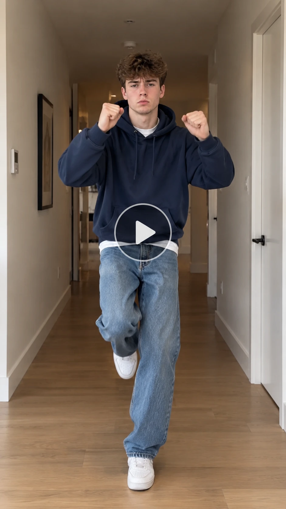 American man in a navy hoodie and jeans performing the Toc Toc dance in a modern indoor hallway with a transparent play button