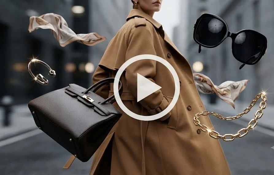 A woman walking down the street with a luxury bag, glasses and items that are also falling.