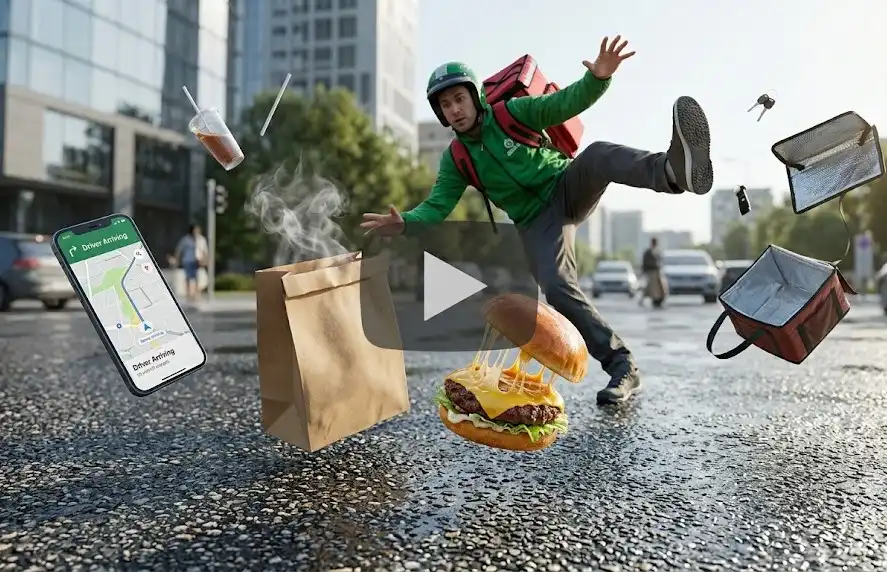 A food delivery guy tripping and falling on a wet road while his items fall in space.