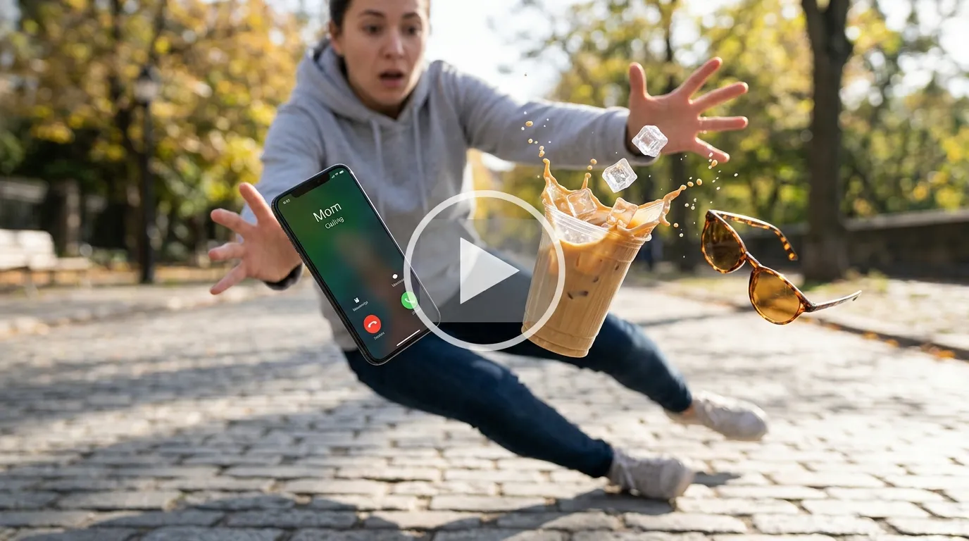 Image of a woman tripping and falling while her coffee spills and a mobile screen shows “mom calling”.
