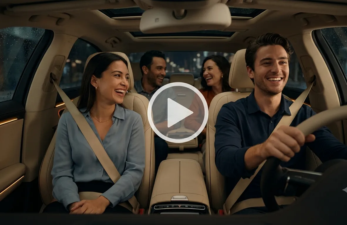 Four people enjoying a car ride and singing along to a tune that’s playing in the car. 