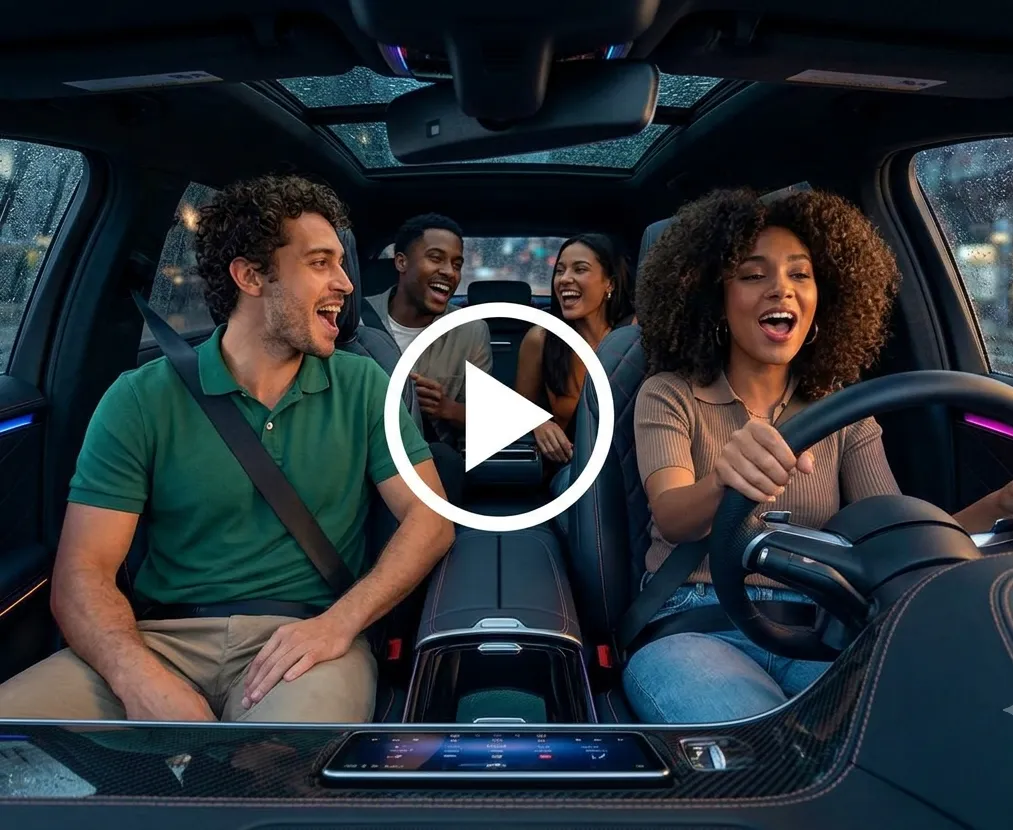 Two men and two women in a car together with sunroof open, singing along and smiling. 