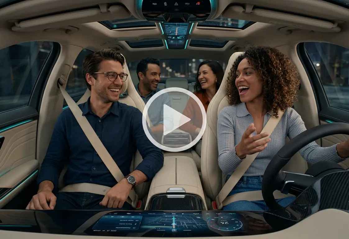 Two men and two women in a car together with sunroof open, singing along and smiling in cinemetic way.