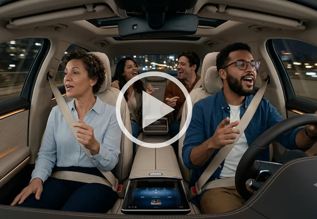Two men and two women in car ride together. They are snapping their fingers and singing together. 