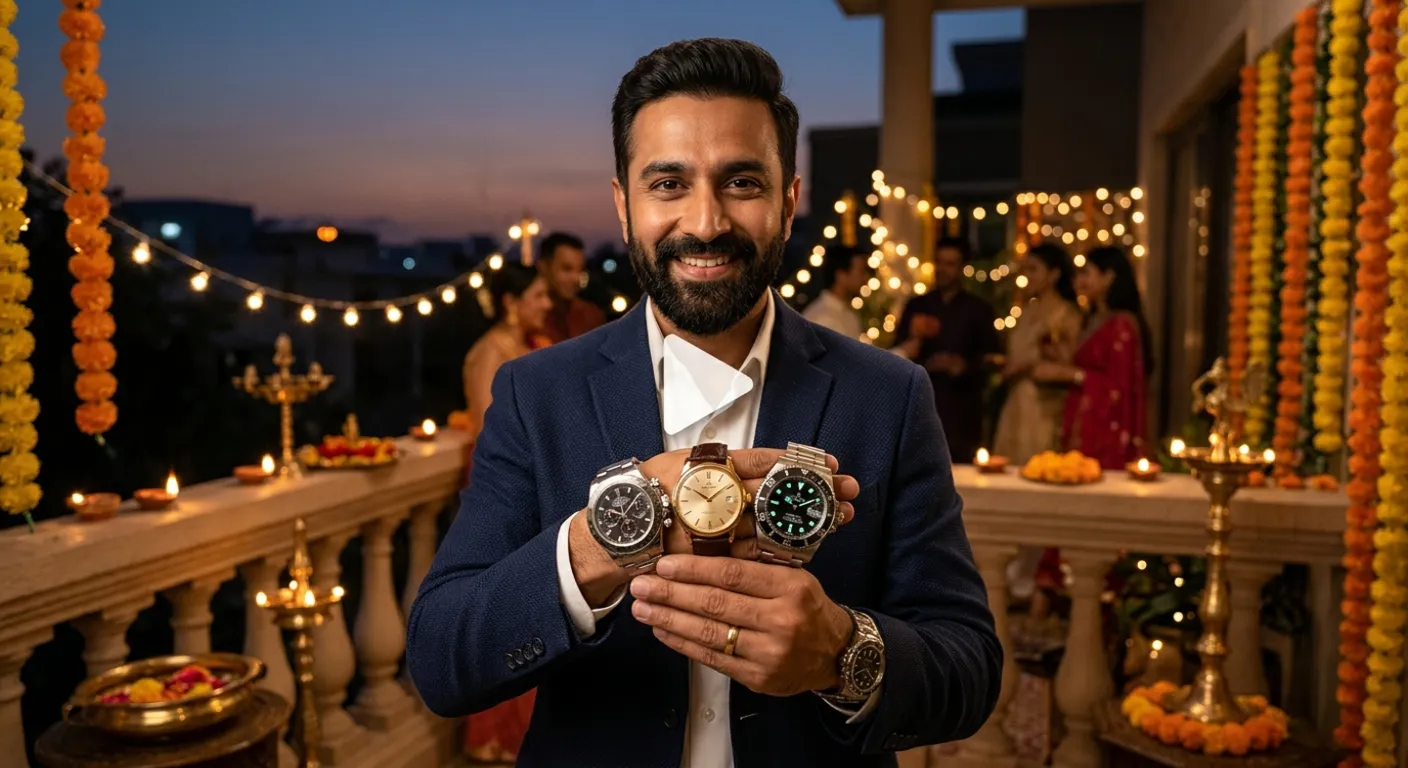 Smiling man in a navy blazer showing three luxury watches on a Diwali-decorated balcony at dusk.